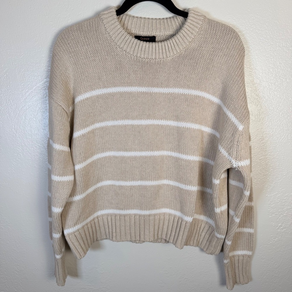 Quince Womens S Organic Cotton Striped Crew Sweater Speckled Beige Ivory Coastal